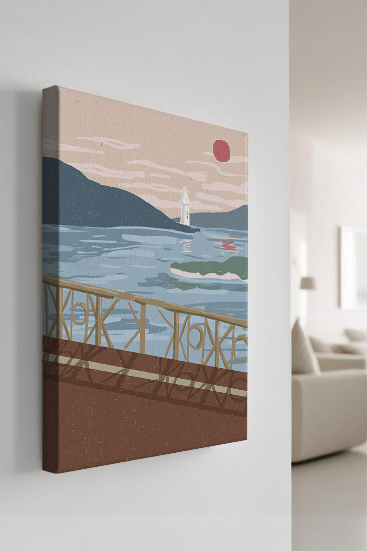 Coastal Landscape with Lighthouse and Artistic Fence at Sunset