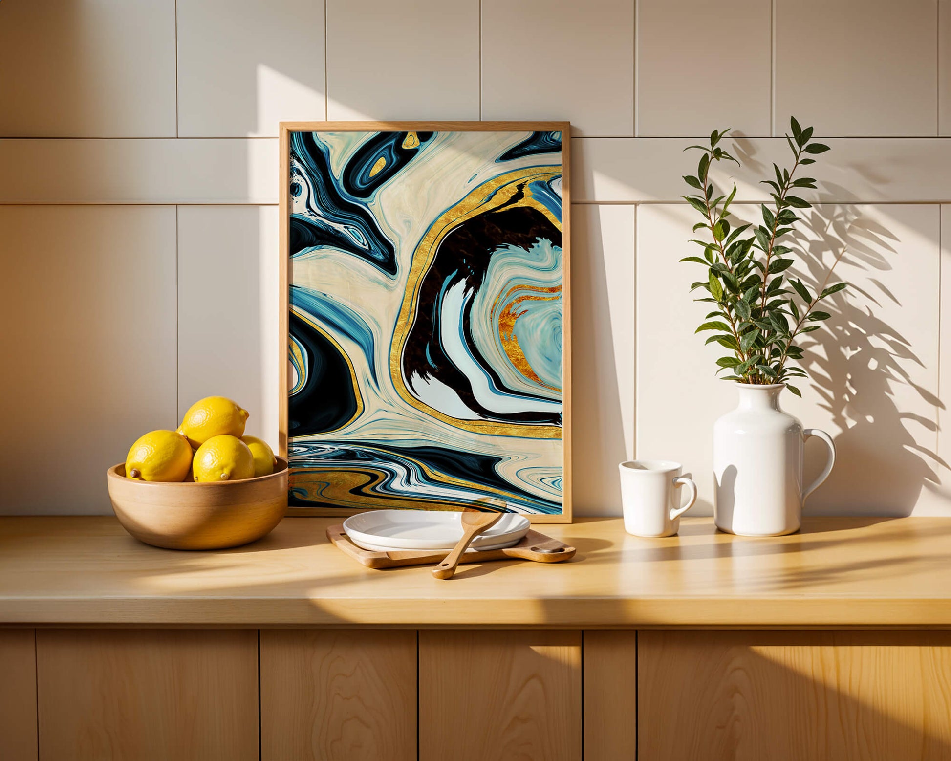 Abstract Marble Art with Gold Accents in Blue and Black Swirls