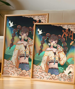 Anime girl with glasses surrounded by nature and cranes