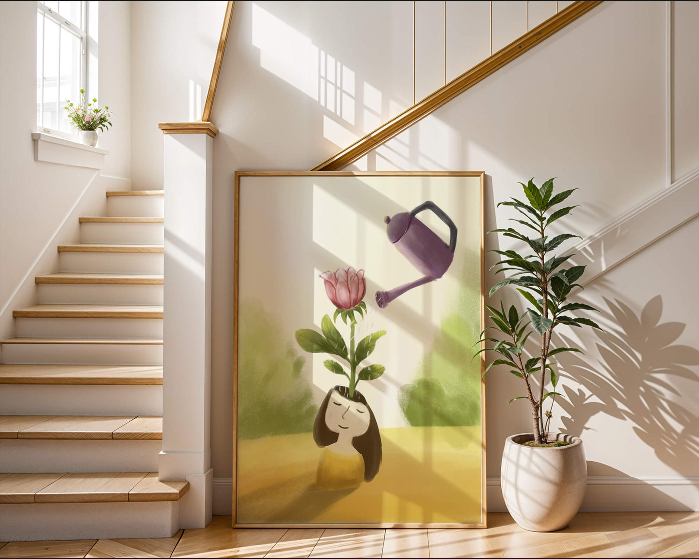 Illustration of a girl with a flower growing from her head being watered