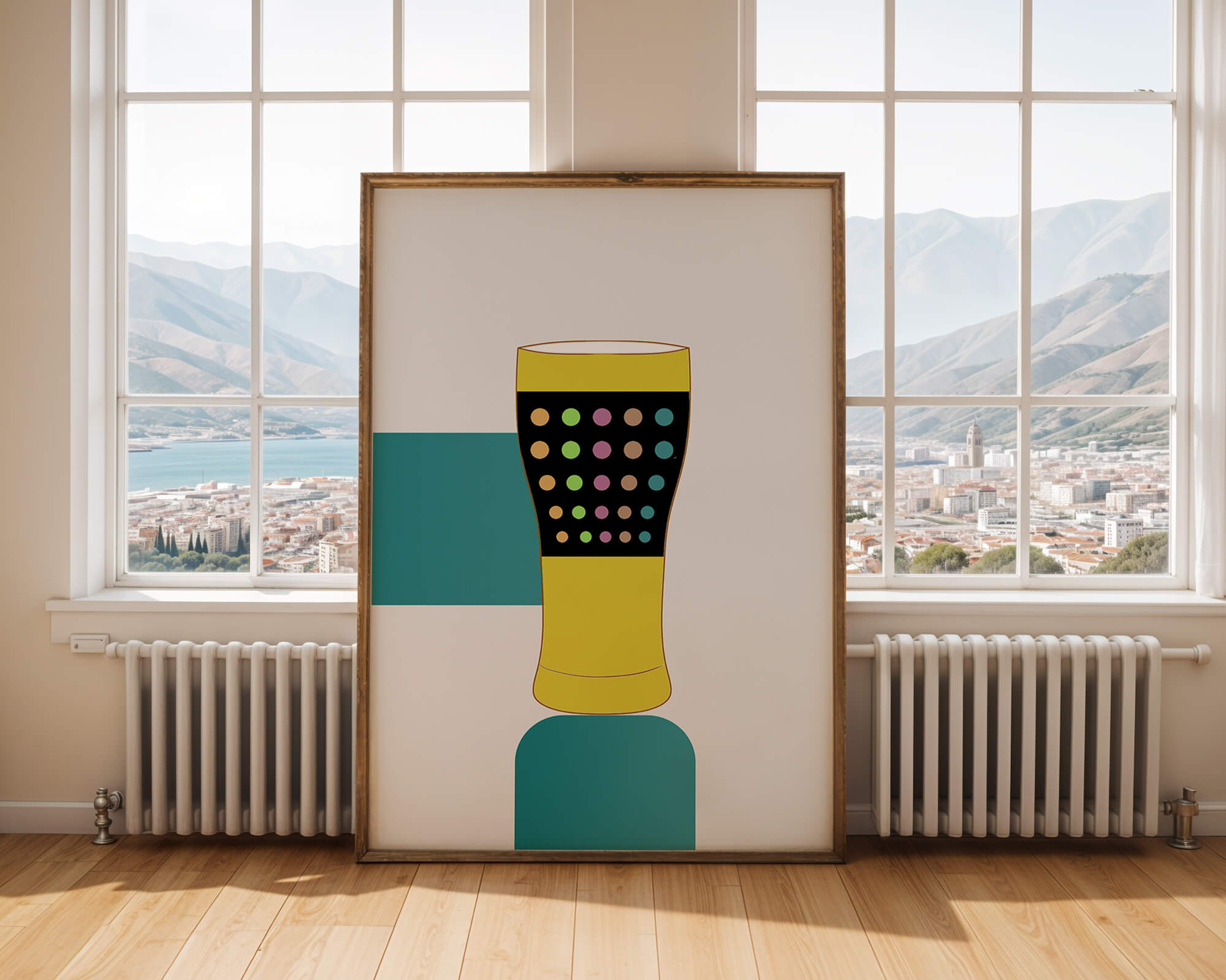 Colorful abstract illustration of a pint glass with dotted pattern