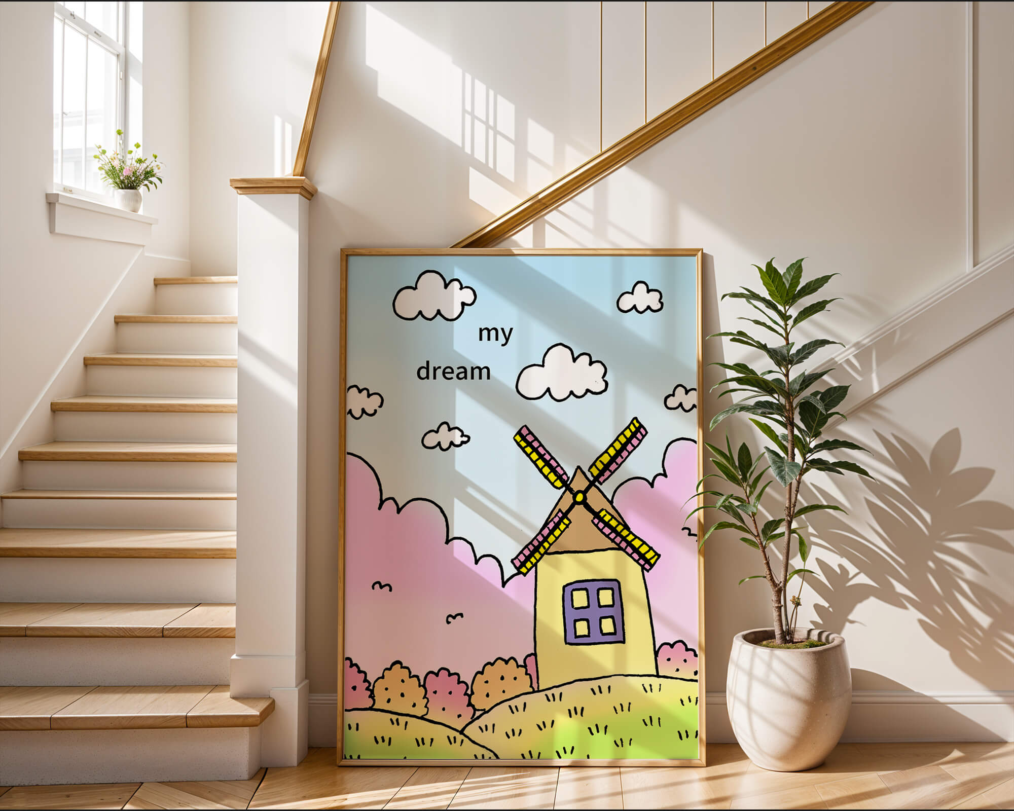 Windmill in a pastel landscape with fluffy clouds and bushes