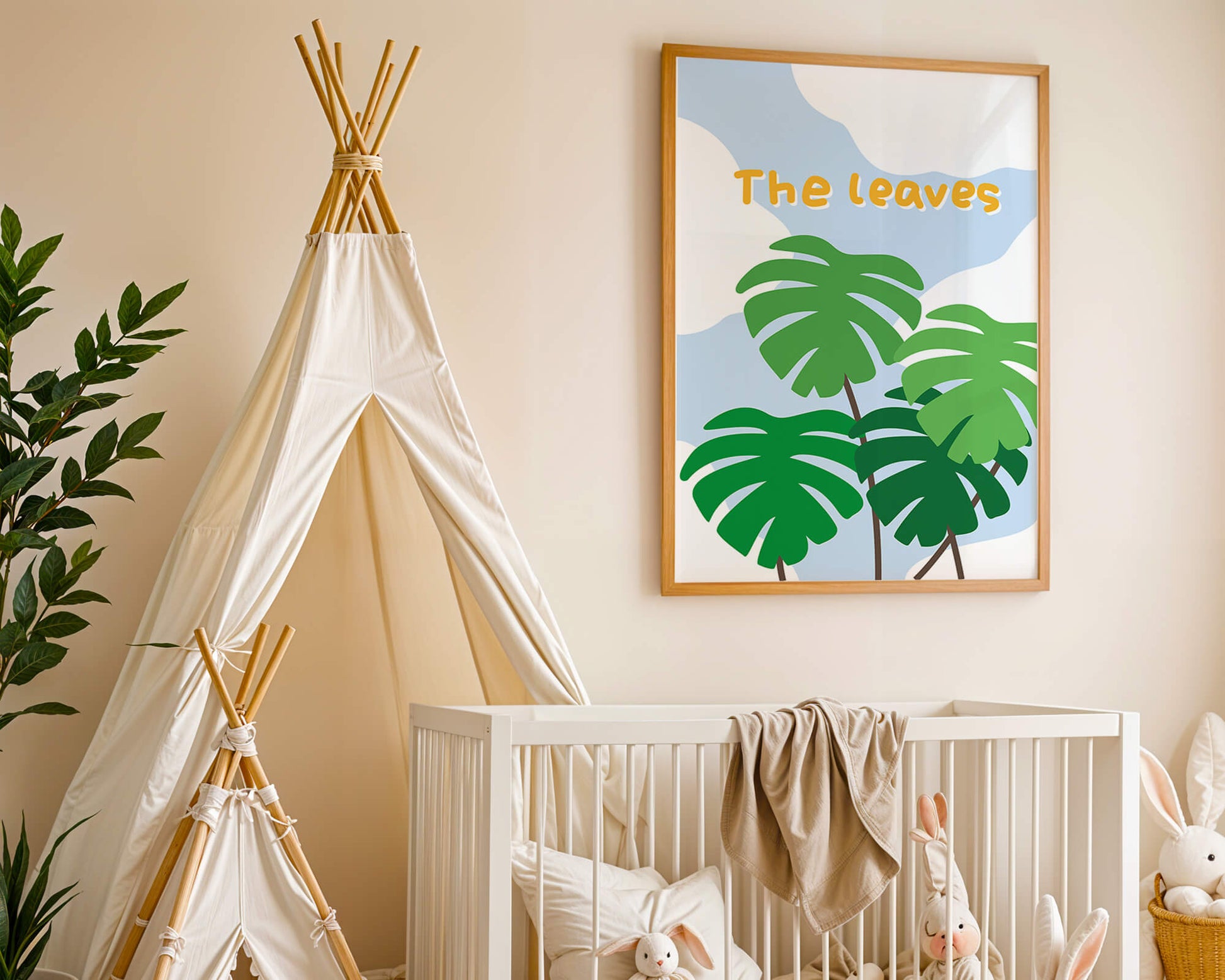 Illustrative tropical leaves with blue sky background for home decor