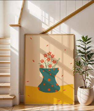 Floral Illustration with Polka Dot Vase on Colorful Background - Mi tienda