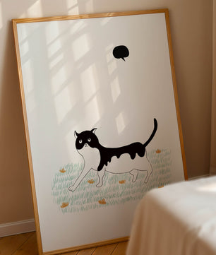 Whimsical cat illustration in field of flowers