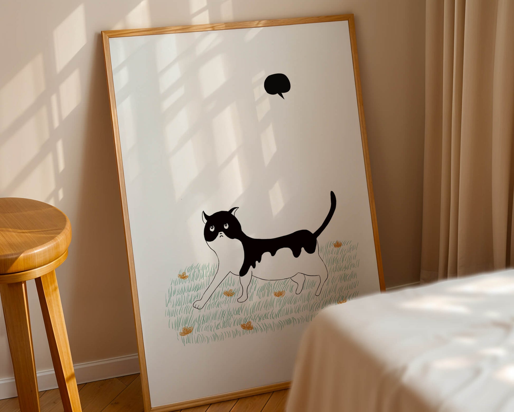 Whimsical cat illustration in field of flowers