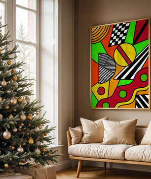 Vibrant geometric abstract artwork with bold colors and shapes