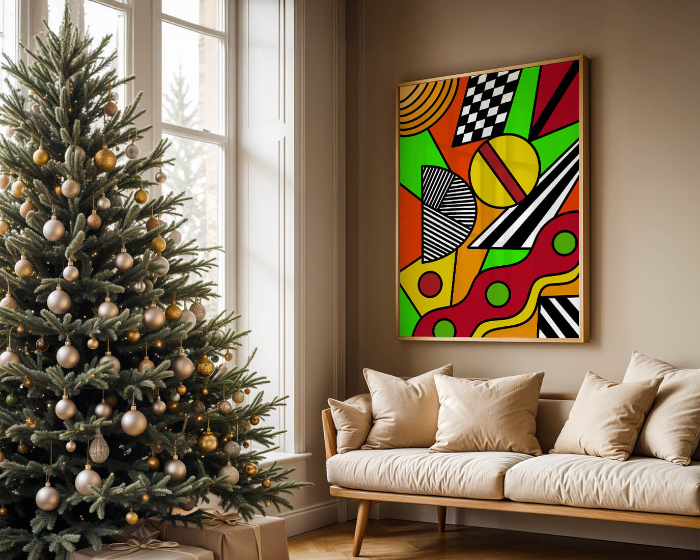 Vibrant geometric abstract artwork with bold colors and shapes