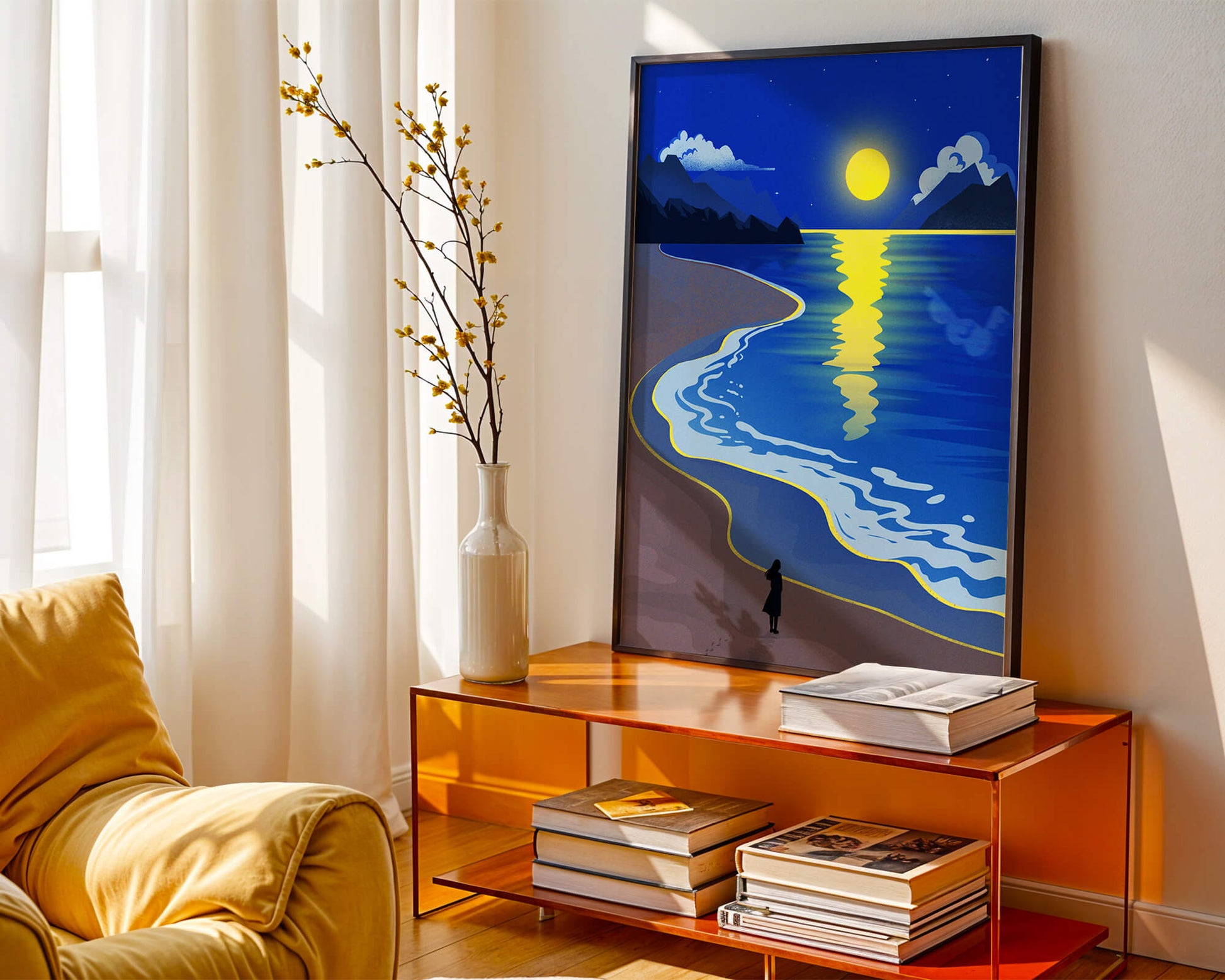 Moonlit Beach with Mountains and Reflections Under Night Sky