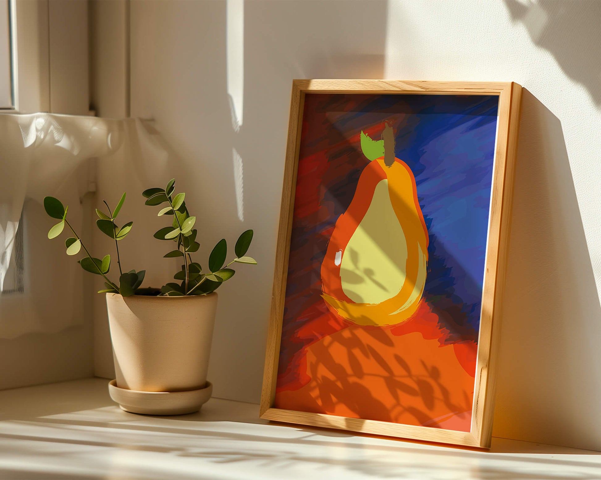 Pintura abstracta de una pera colorida sobre un fondo vibrante.