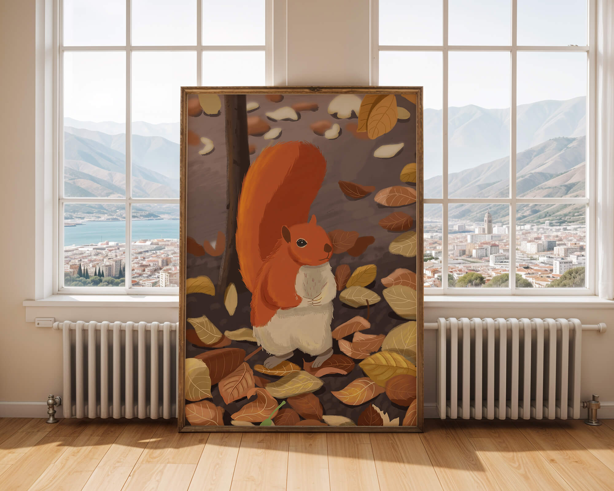 Illustration of a cute squirrel among autumn leaves