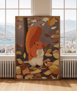 Ilustración de una ardilla adorable entre hojas de otoño