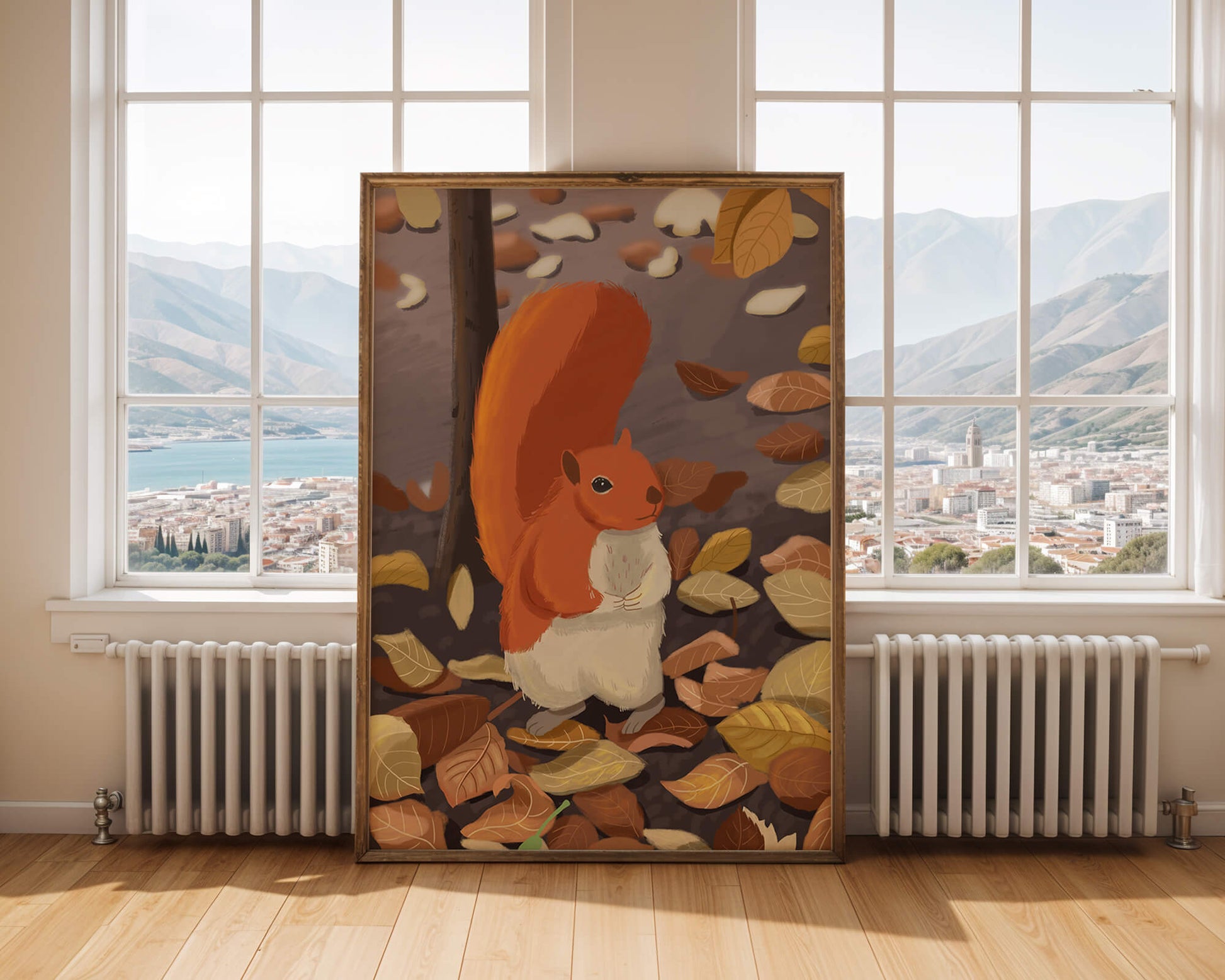 Illustration of a cute squirrel among autumn leaves