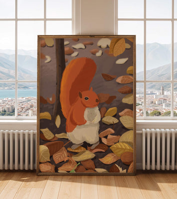 Illustration of a cute squirrel among autumn leaves