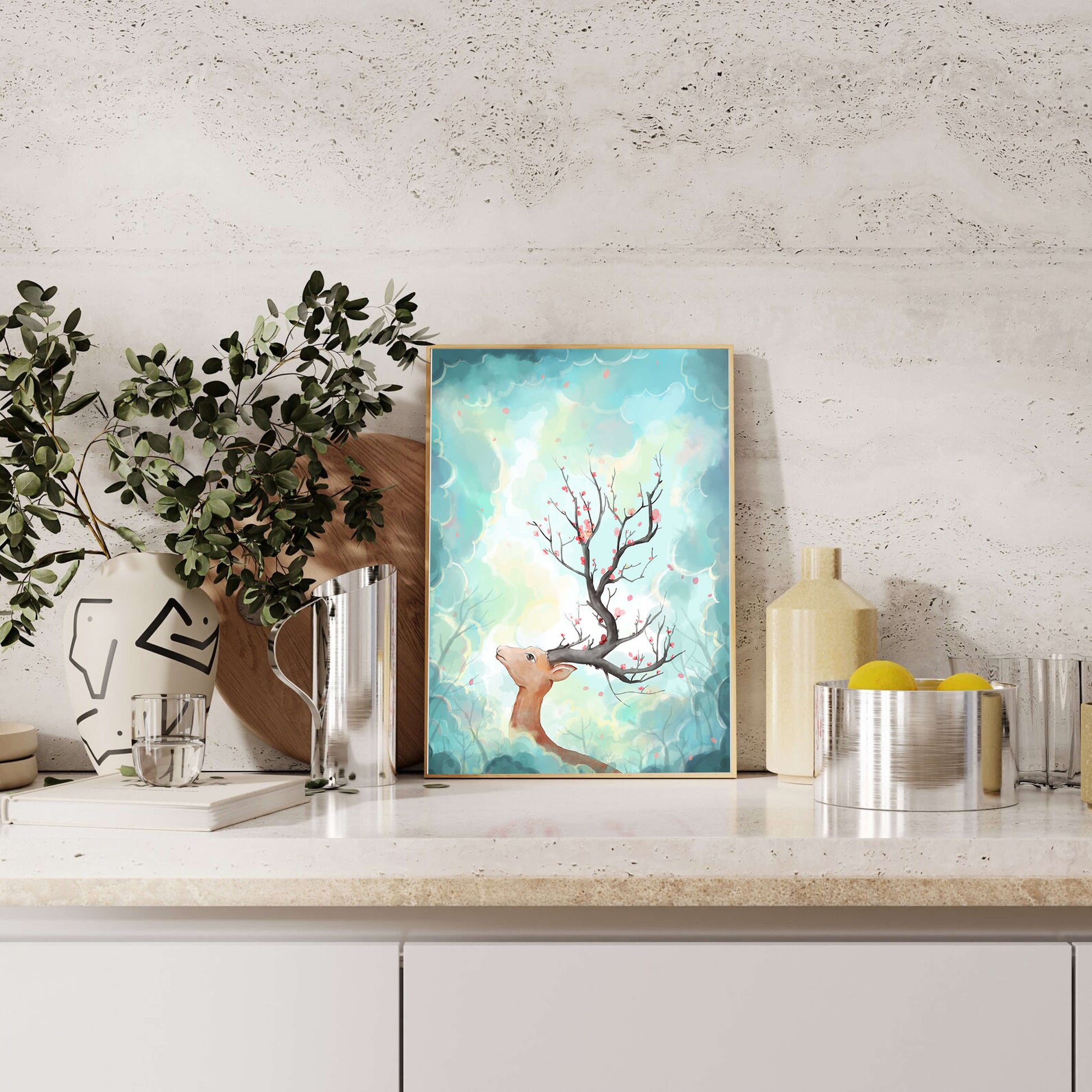 Surreal deer with branches for antlers in a pastel cloudy background