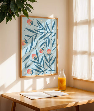 Abstract botanical pattern with colorful flowers and leaves on light blue background