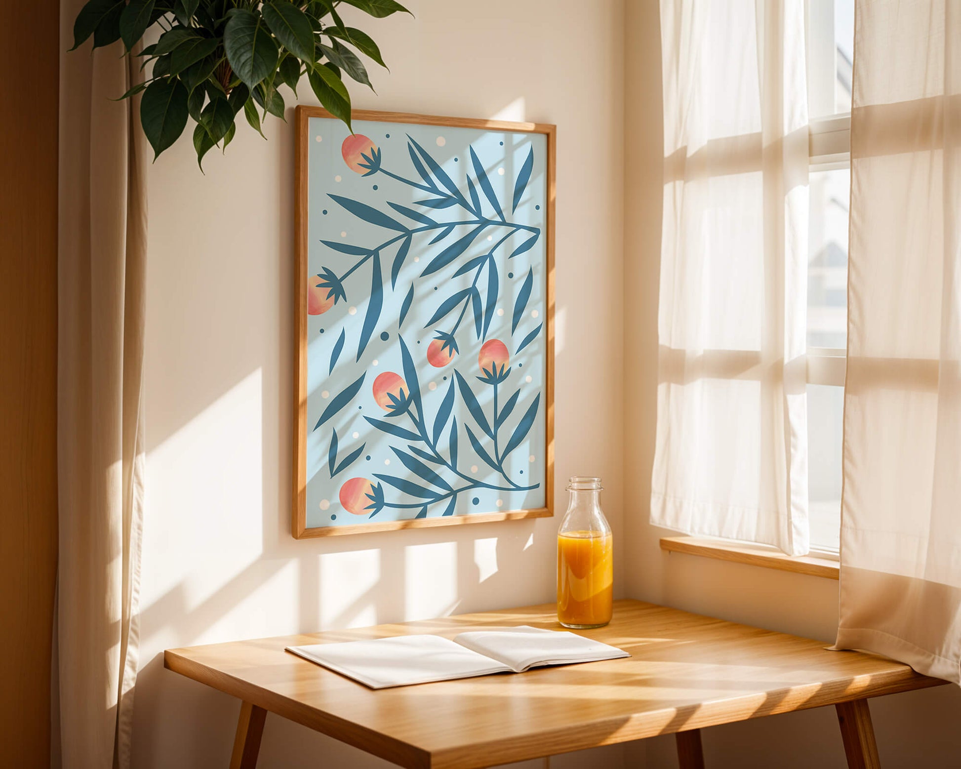 Abstract botanical pattern with colorful flowers and leaves on light blue background