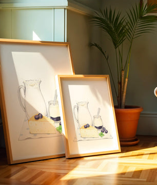 Illustration of dairy products with blueberries on polka dot cloth