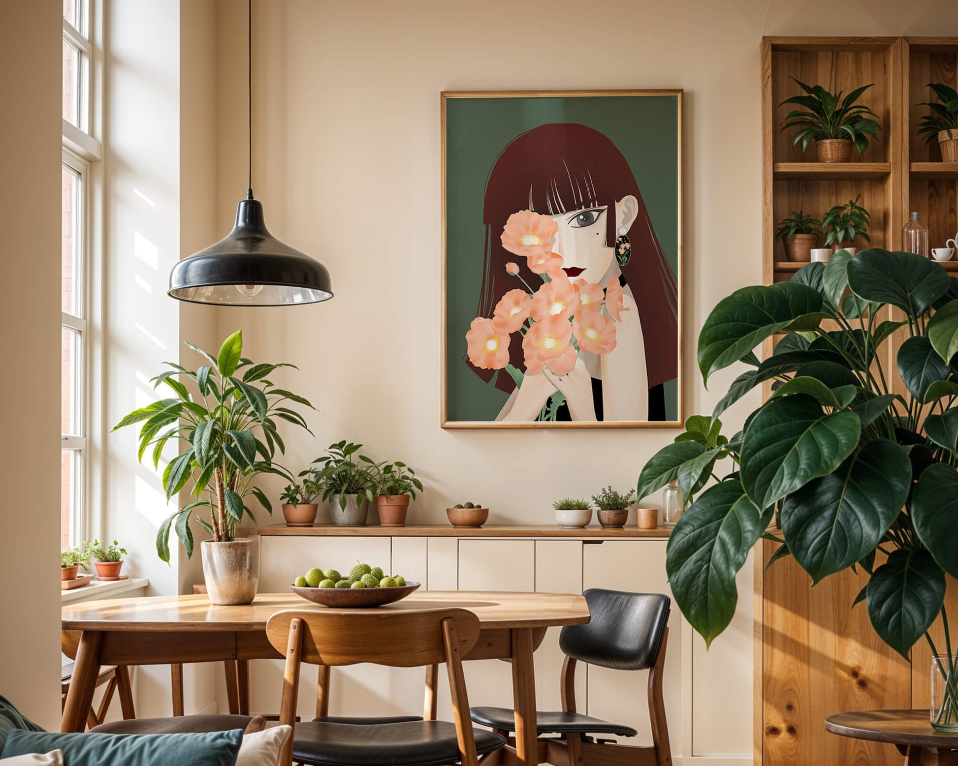 Porträt einer Frau mit Blumenstrauß und elegantem Ohrring