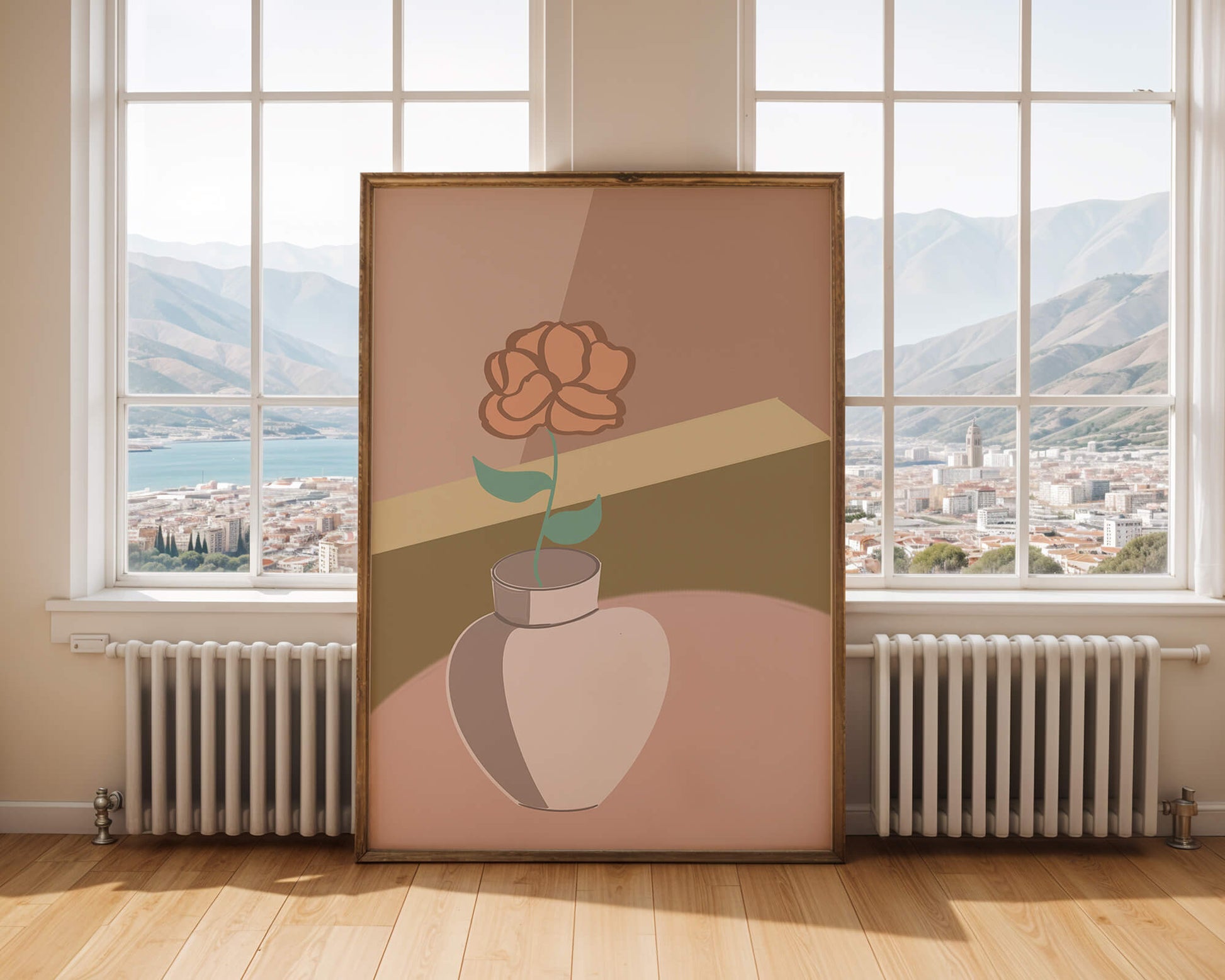Ilustración abstracta de un jarrón con una flor en colores pastel