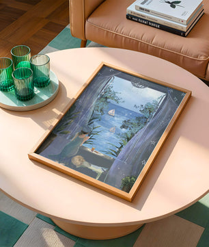 Serene seaside view from an open window with a sailboat and relaxing atmosphere