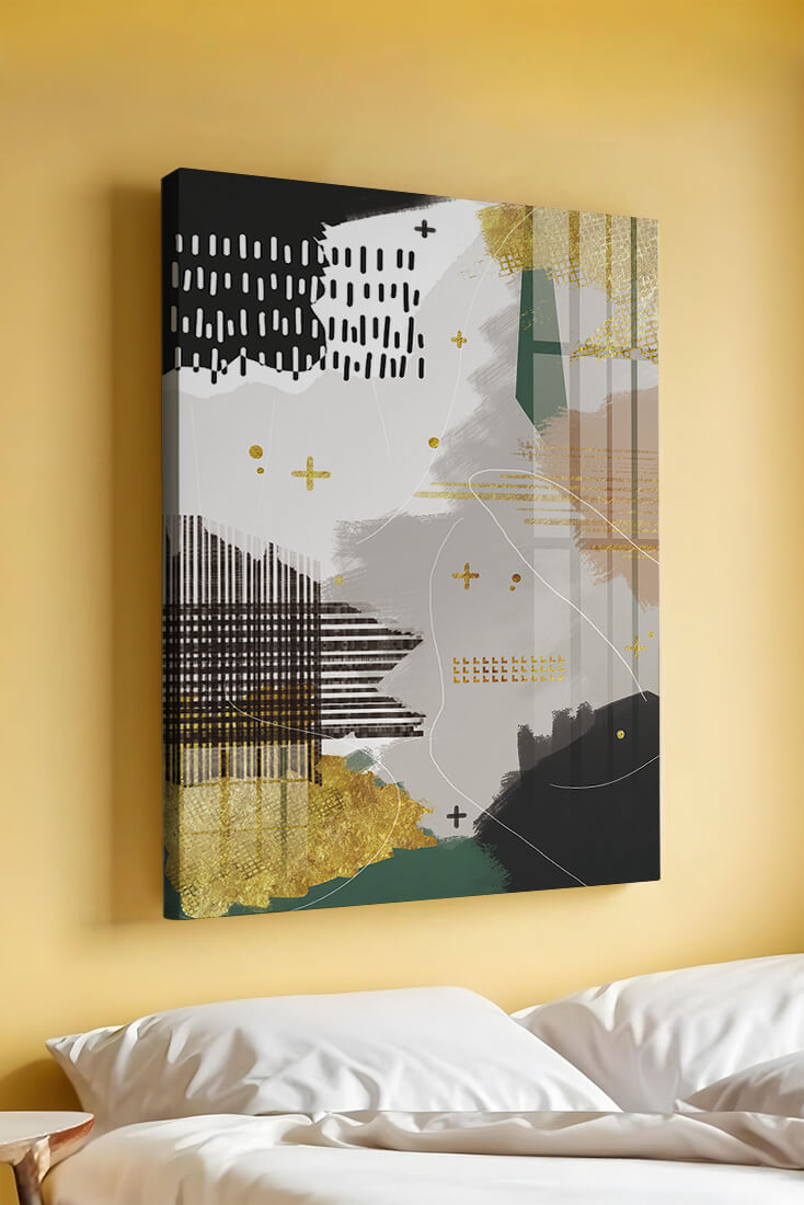 Abstract mixed media art with gold and geometric patterns
