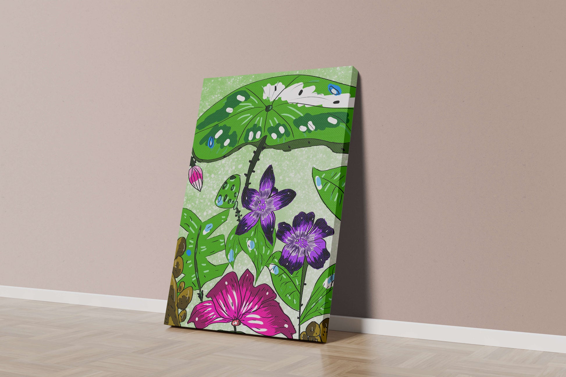 Bunte Blumenillustration mit exotischen Blumen und Blättern