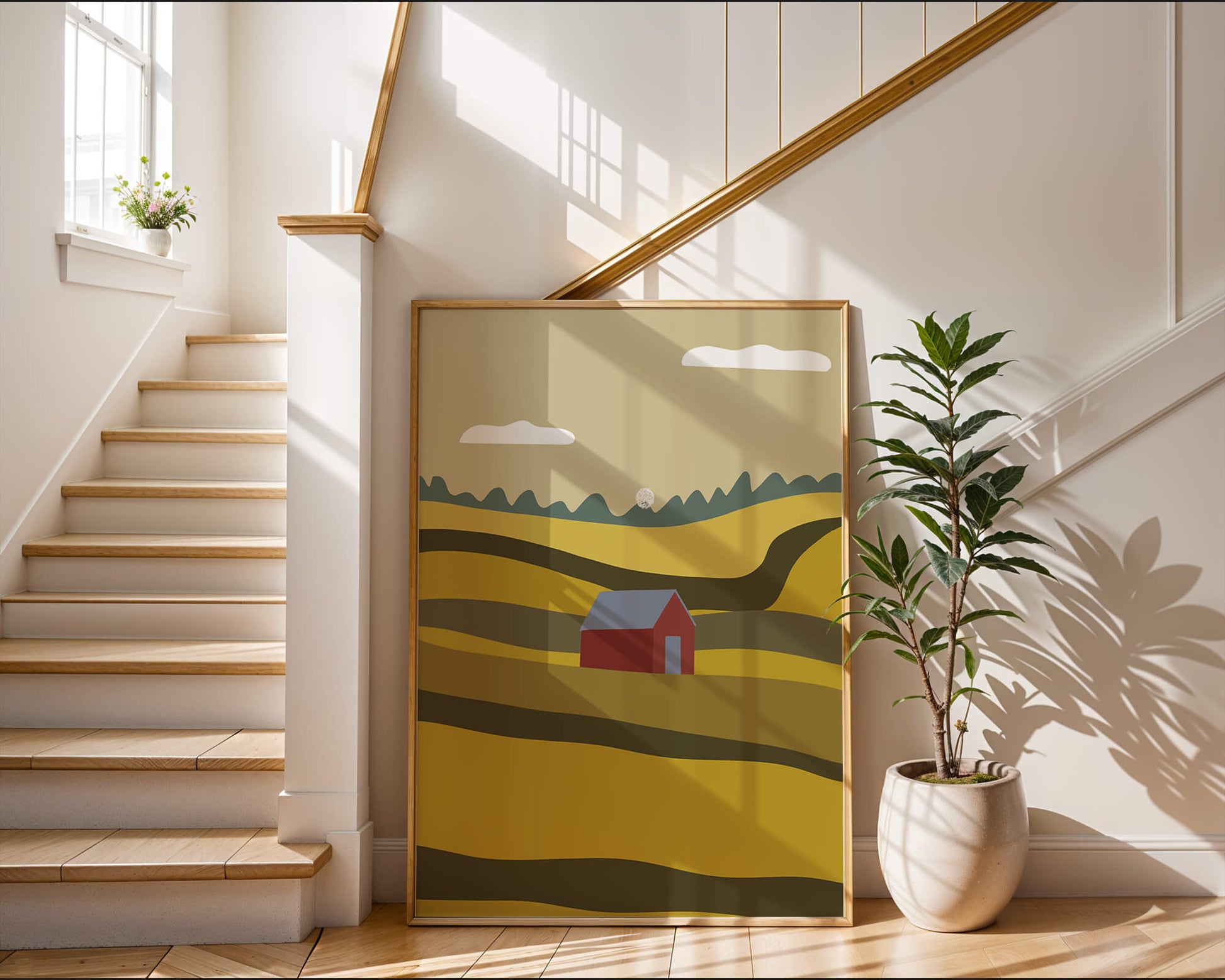 Paisaje con granero rojo entre colinas onduladas bajo un cielo azul