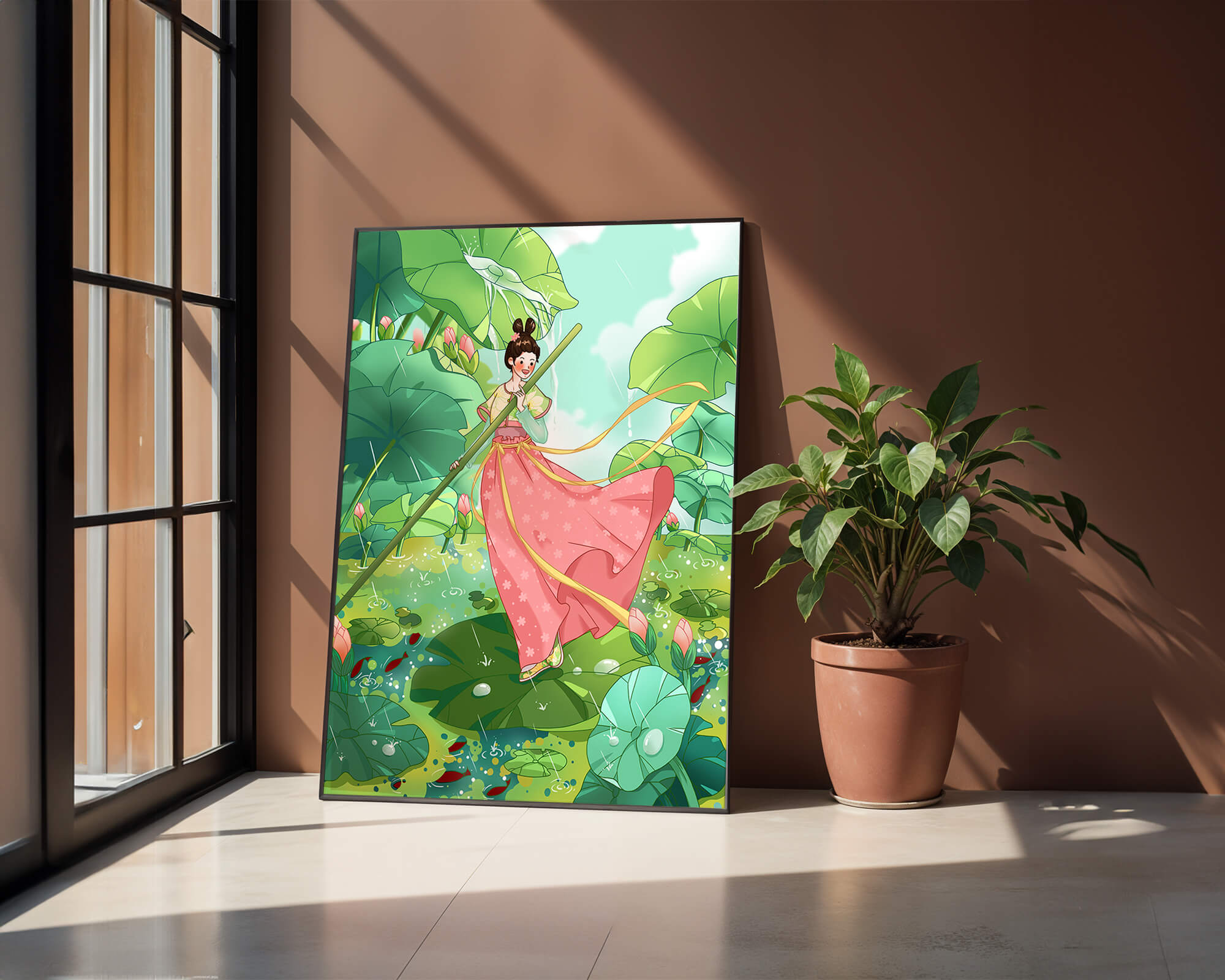 A whimsical scene of a girl in traditional dress among vibrant lotus leaves