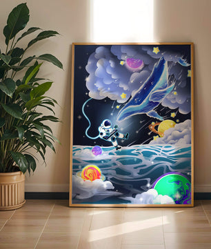 Astronaut Exploring a Surreal Cosmic Ocean with a Glowing Whale