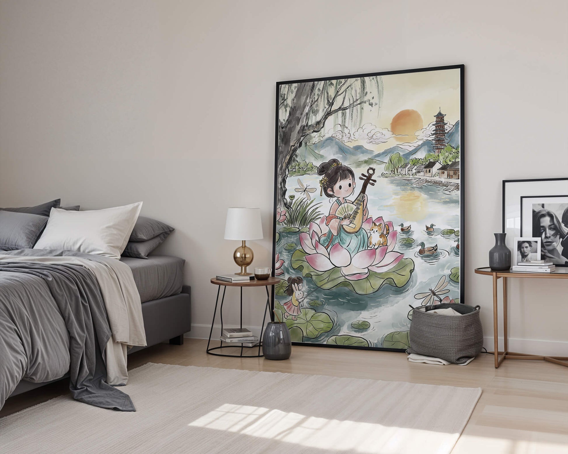 Traditional Asian Scenery with Girl Playing Instrument on Lotus Pond at Sunset