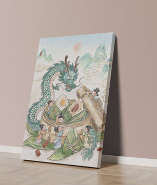 Dragon and Steamed Dumplings with Children in a Mountainous Landscape