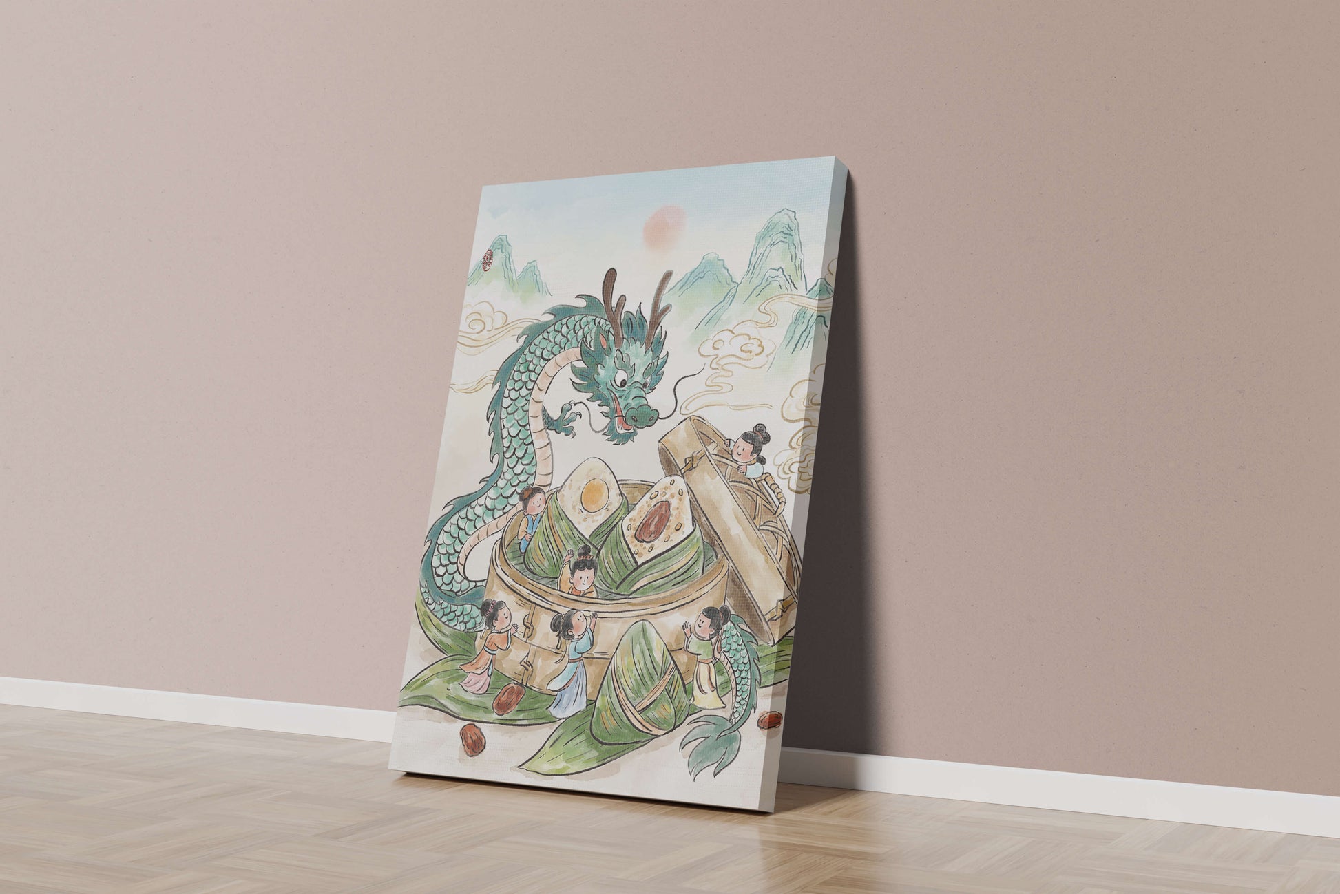 Dragón y dumplings al vapor con niños en un paisaje montañoso