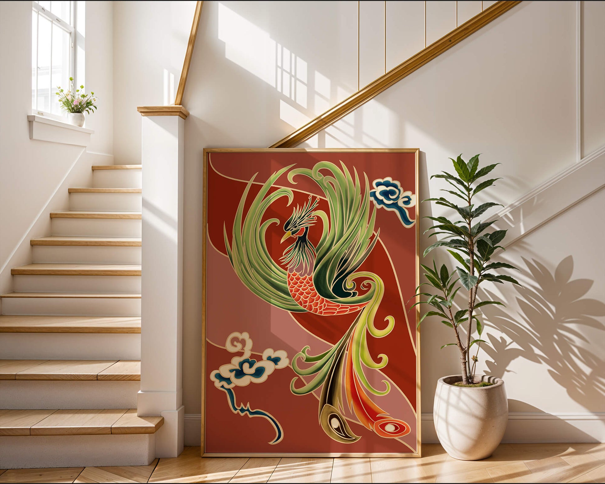 Stylized phoenix illustration with vibrant colors and clouds