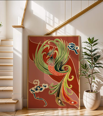 Stylized phoenix illustration with vibrant colors and clouds