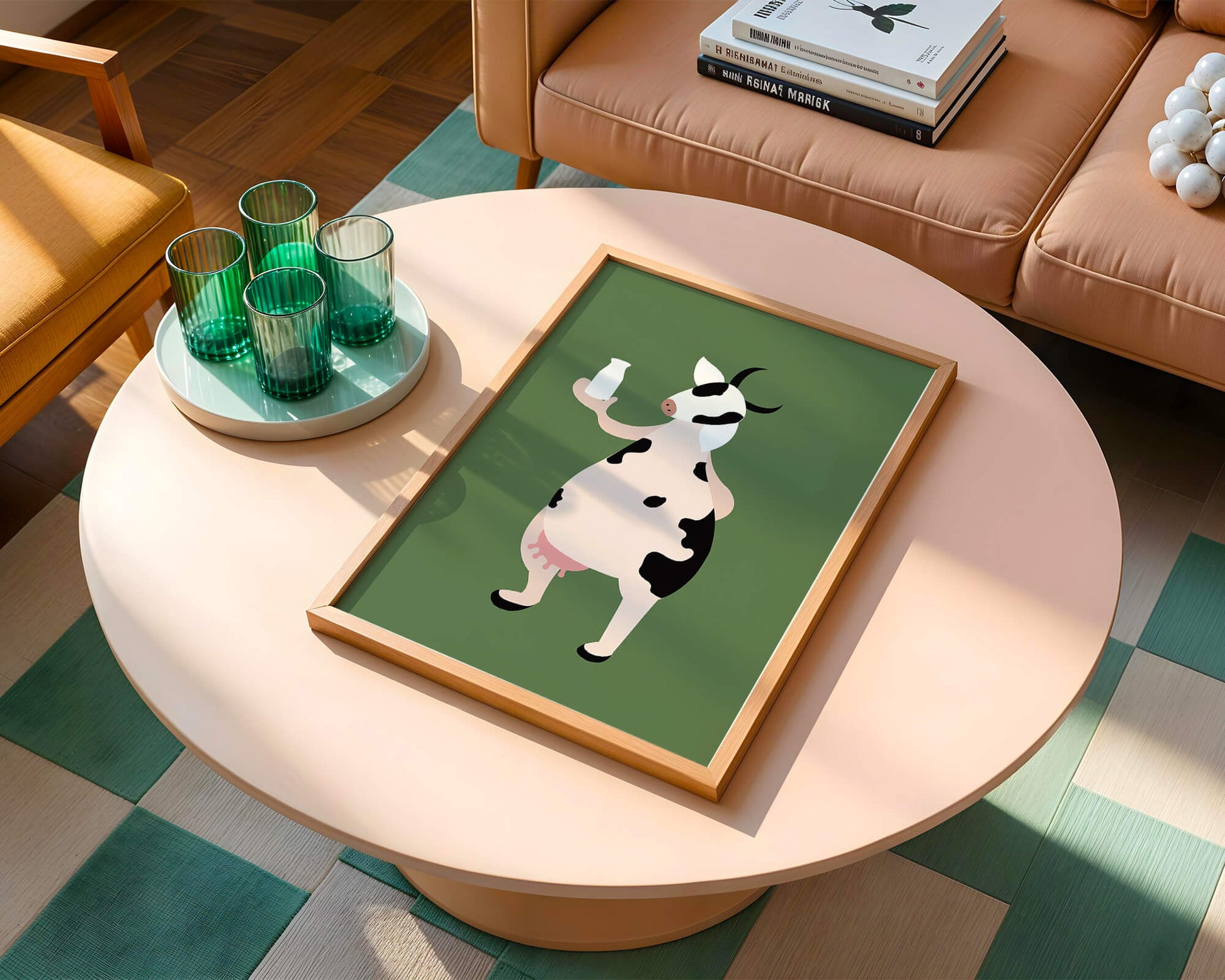 Illustration of anthropomorphic cow holding a milk bottle on green background