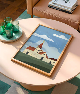 Idyllic Church Landscape with Golden Cross and Blue Sky