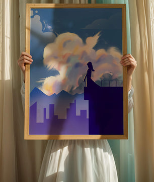 Silhouette of a woman on rooftop against a dreamy sky with colorful clouds