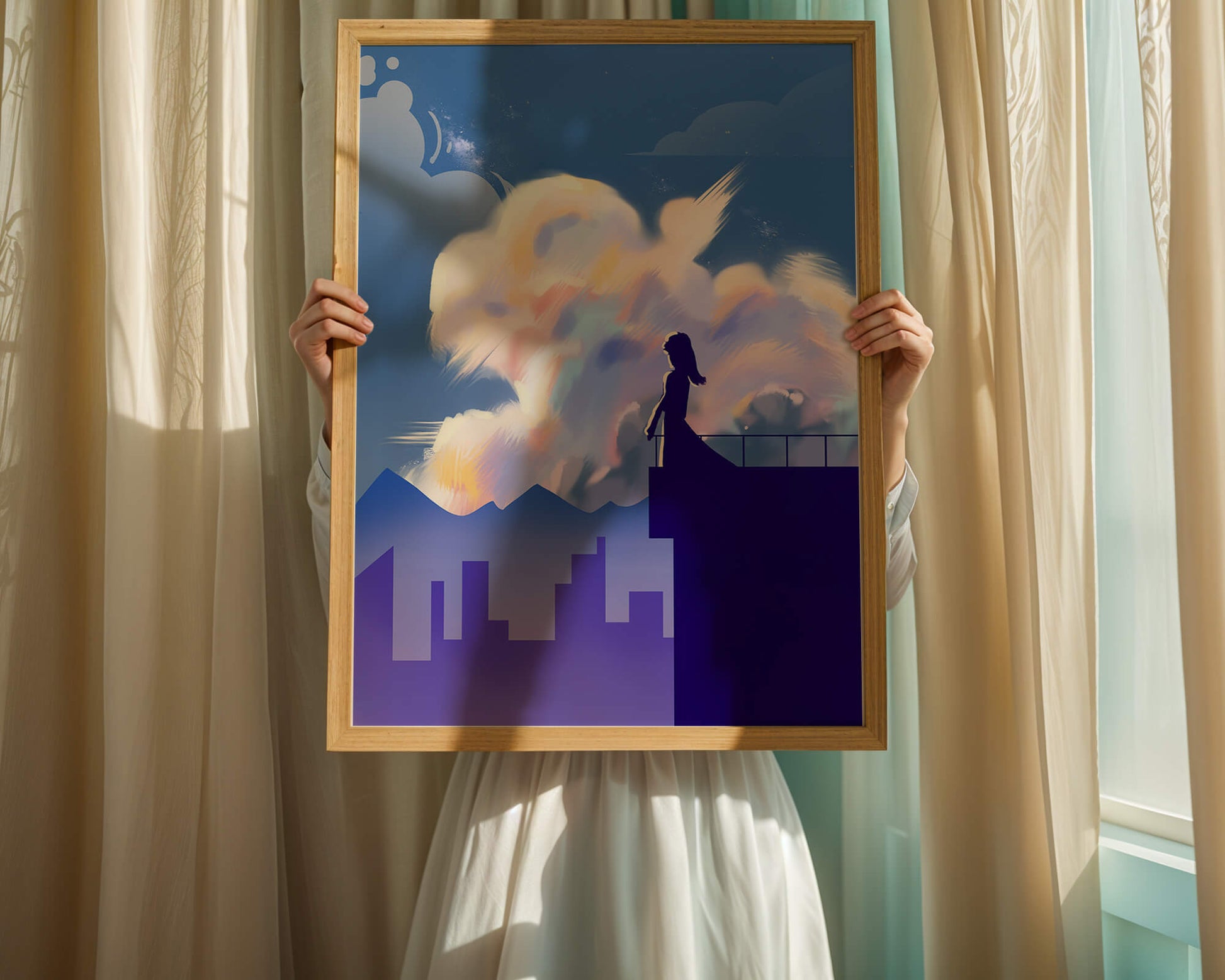 Silhouette of a woman on rooftop against a dreamy sky with colorful clouds