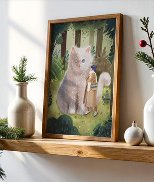 Verzauberter Wald mit einer riesigen Katze und einer Frau