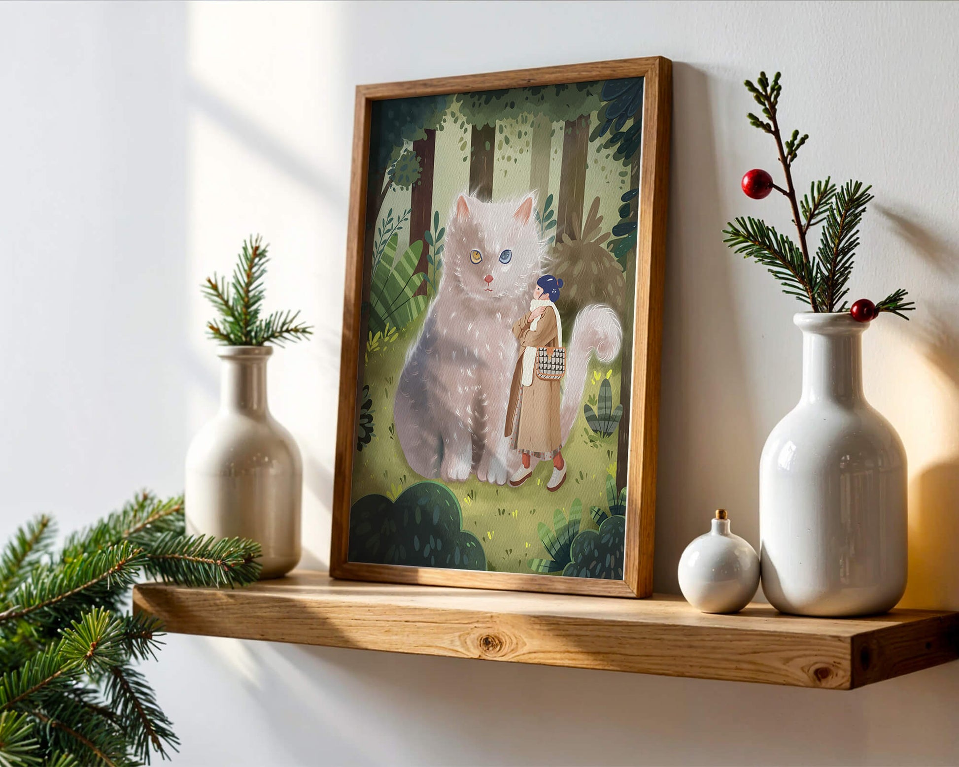 Verzauberter Wald mit einer riesigen Katze und einer Frau