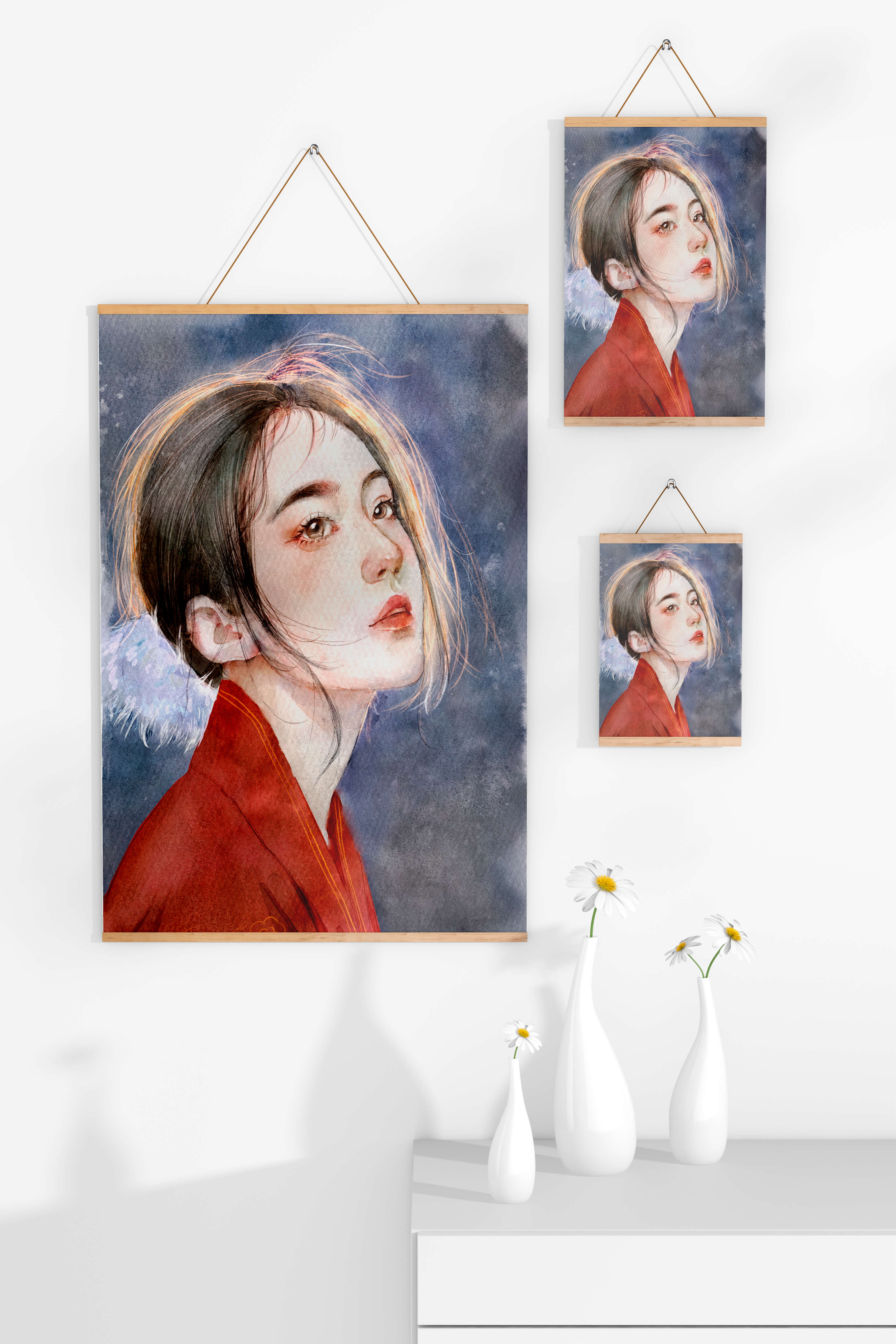 Watercolor portrait of a woman in a red garment with expressive features