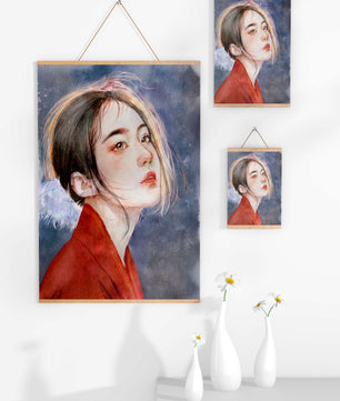 Watercolor portrait of a woman in a red garment with expressive features