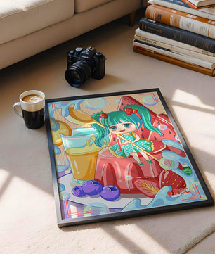 Scène de dessert fantaisiste avec un personnage mignon et des couleurs vives