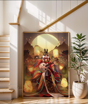 Elegant musician with traditional attire under lanterns and mountains