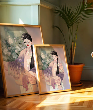 Elegant Asian Woman in Traditional Attire with Floral Background - Mi tienda