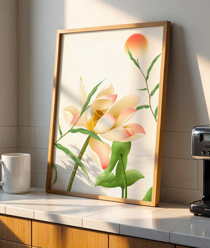 Serene Lotus Flower with Sun in Minimalist Natural Setting - Mi tienda