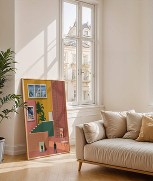 Surreale Architekturlandschaft mit tropischen Elementen und abstrakten Figuren