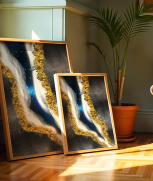 Abstract flowing design with gold, blue, and white textures