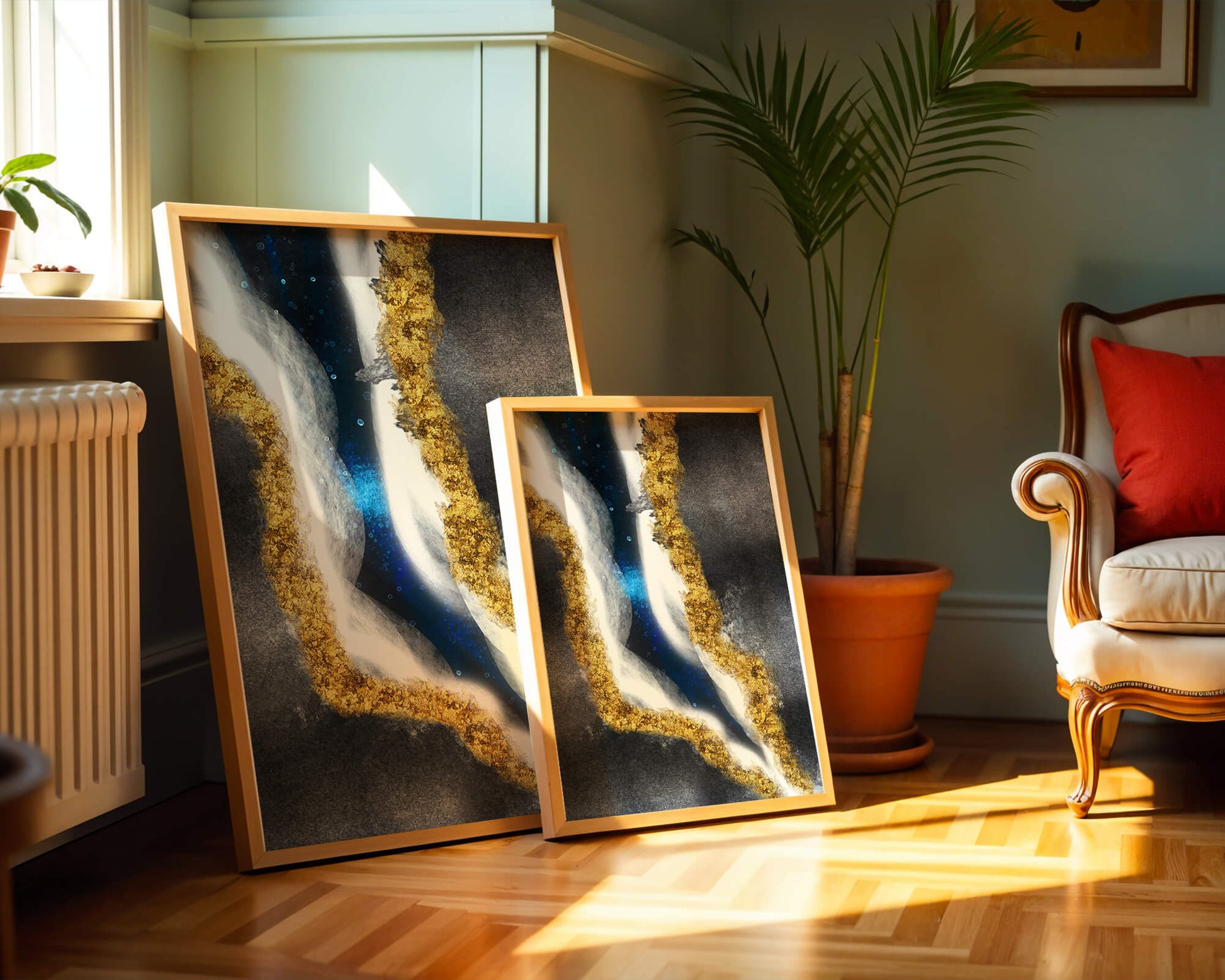 Abstract flowing design with gold, blue, and white textures
